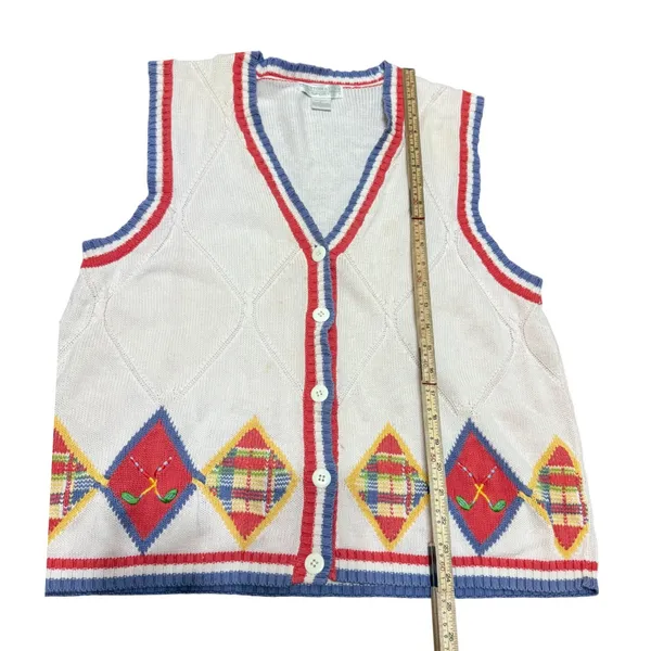Preston & York Sport Vintage Argyle Golf Sweater Vest Cream Blue‎ Red sz L - Image 6