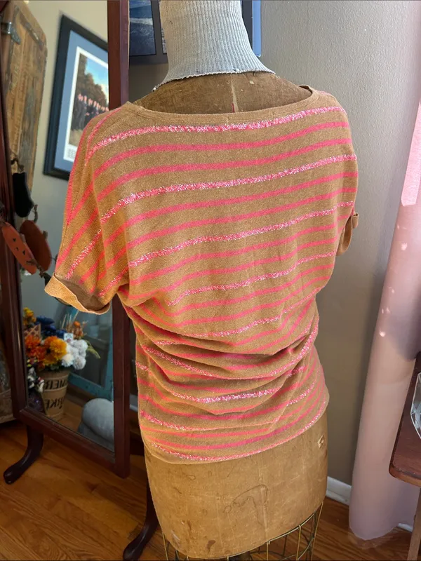 Boden Pink Sequins and Mustard Striped Short-Sleeve Knit Top | US4/UK8 - Image 3