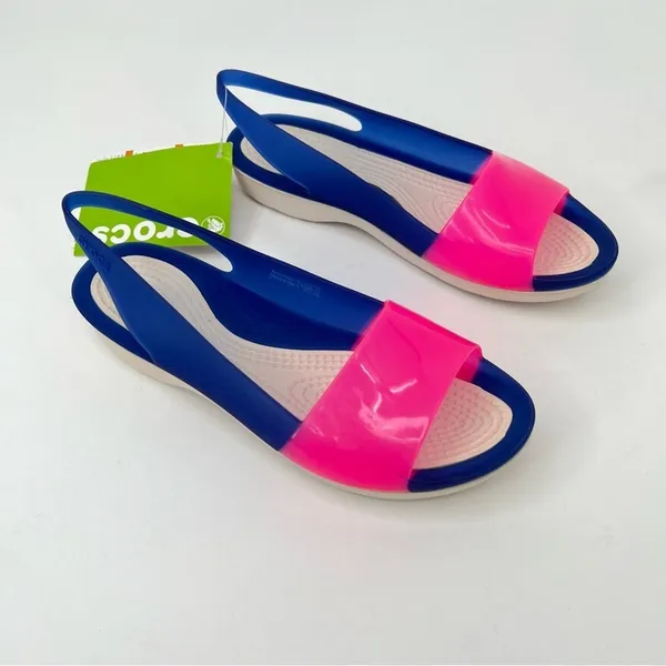 Crocs Cerulean colorblock pink blue slingback peep toe sandals shoes size 5 NEW - Image 6