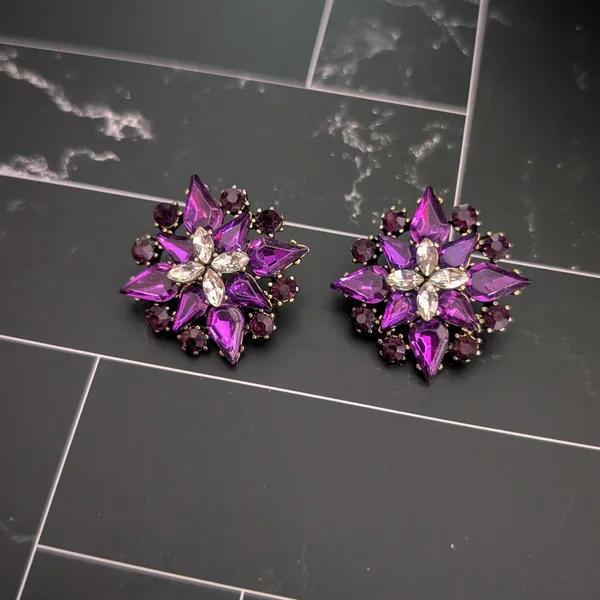 Vintage Stud Earrings 1.25" Purple & Clear Gems Regal Large Statement - Image 2