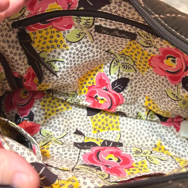 Vera Bradley Brown Microfiber Quilted Shoulder Bag Floral Lining Zip Pockets - Image 6