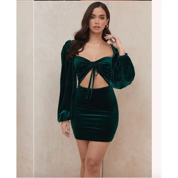 House of CB Abigail Emerald Velvet Mini Dress Womens S Teal Green Cutout Front - Image 2