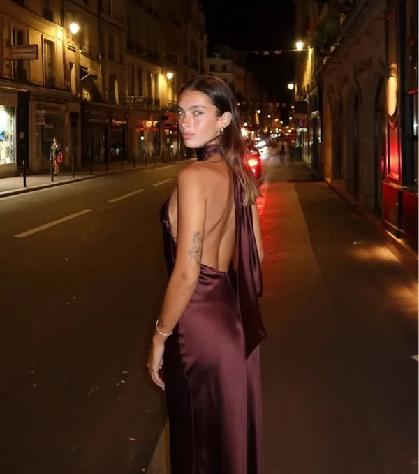 Zara maxi halter scarf satin Elegant Burgundy Brown Evening Wedding Dress - Image 3