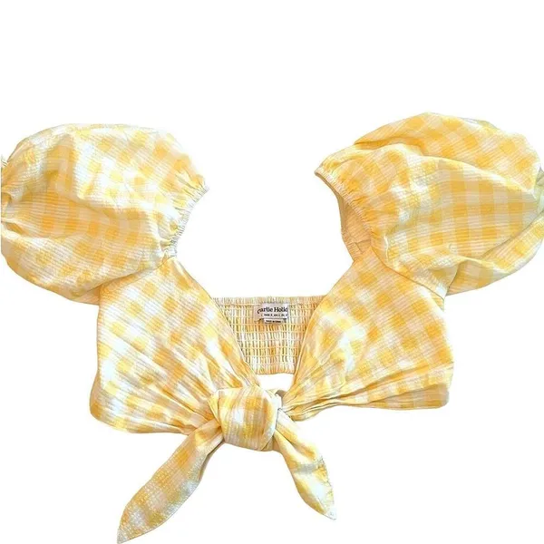 Charlie Holiday Women Size 10 Ivy Gingham Yellow Tie Cropped Top v6x - Image 4