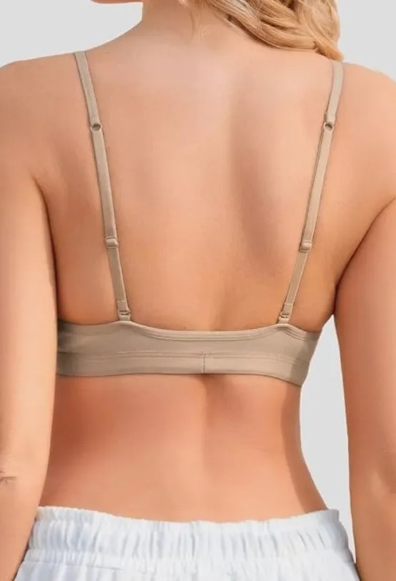 Cream Removable Padded Yoga Seamless V Neck Bralette - Image 3