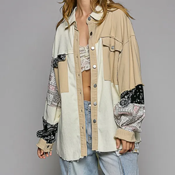 L POL Beige Cream Patchwork Long Sleeve Button Shirt Jacket - Image 3