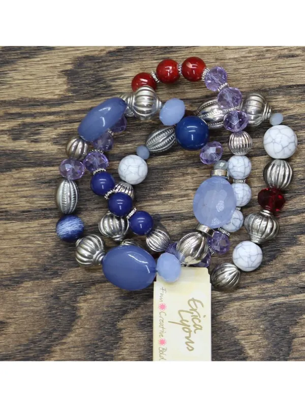 NWT Erica Lyons Beaded Holiday Elastic Bracelets Silver Gray / Blue Multi - Image 5
