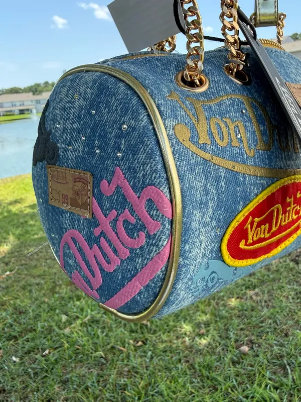 NWT Von Dutch Denim Logo Patch Barrel Bag Gold Chain Y2K McBling Shoulder Purse - Image 2