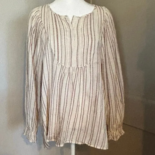 Elizabeth & James Size L Stripe Pintuck Peasant Blouse Red Cream Large - Image 2