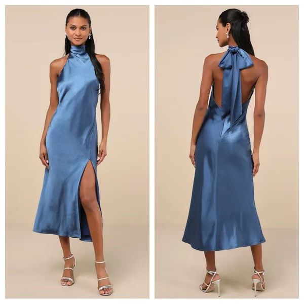 Lulus Exceptional Status Blue Halter Backless Slip Midi Dress - Image 2
