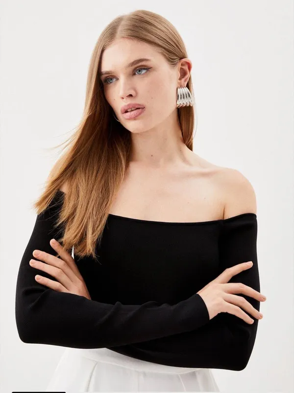 Karen Millen Body Contouring Black Long Sleeve Bardot Knit Thong Bodysuit XS - Image 3