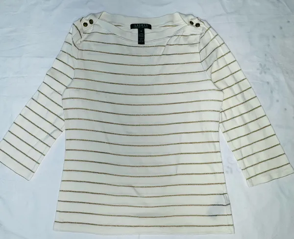Lauren Ralph Lauren White and Gold Metallic Striped Boatneck Top - Image 5
