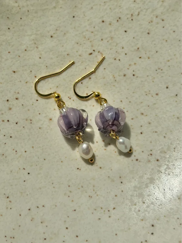 Lilly of the valley mini purple flower fairy cottage dainty dangle earrings 💜 - Image 5