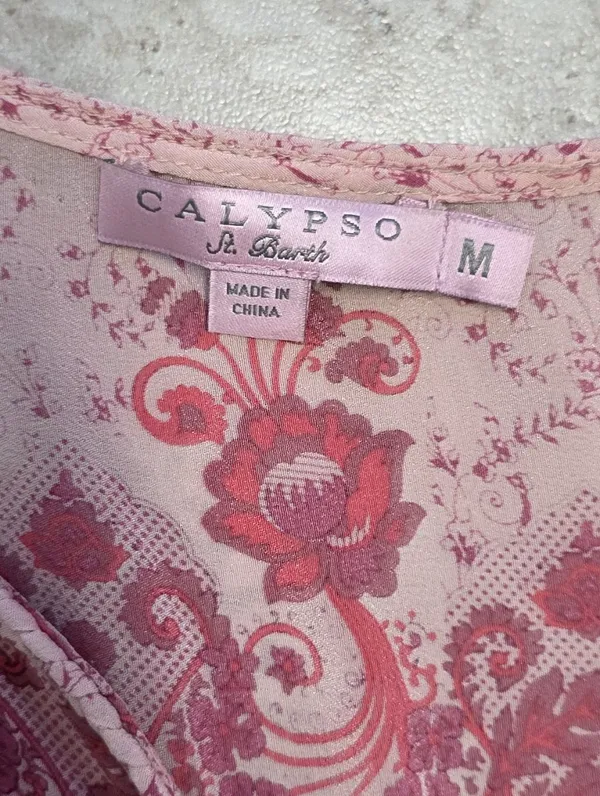 Calypso St Barth Pink floral silk Blouse Tassel Tie Top Floral V Neck Sheer Boho - Image 4