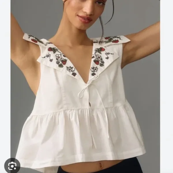 Anthropologie Maeve Babydoll Strawberry Embroidered Blouse - Image 2