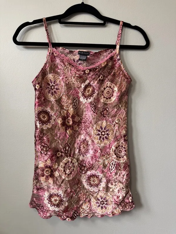 Vintage Y2K FANG Satin Floral Slip Spaghetti Strap Tank Top in Pink Brown Size L - Image 3