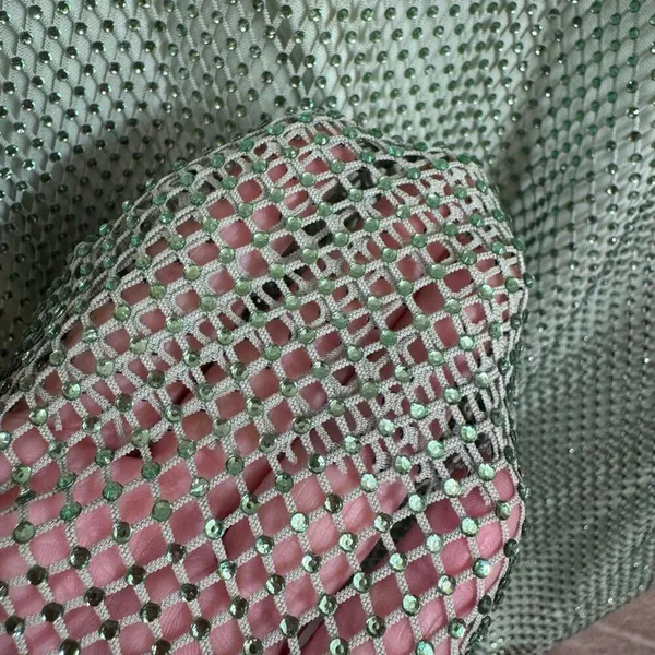 WAYF Light Sage Green Rhinestone Fishnet Mesh Maxi Skirt Large NWT - Image 5