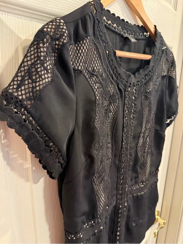 Ann Taylor Black Lace & Crochet Short Sleeve Top - Image 3
