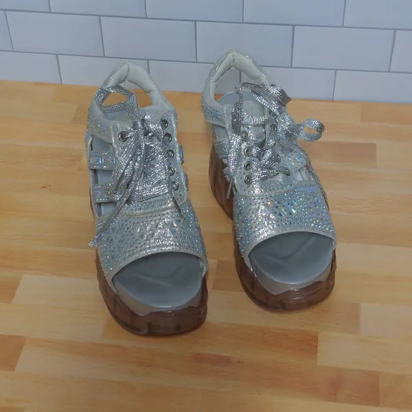 Anthony Wang Platform Sandals Silver Cutout Bedazzled Wedge Y2K 35 (US 4-4.5) - Image 2