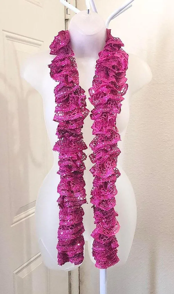 Pink funky ruffle sequin glimmer glam long scarf #fairycore #cottagecore #y2k #boho - Image 3