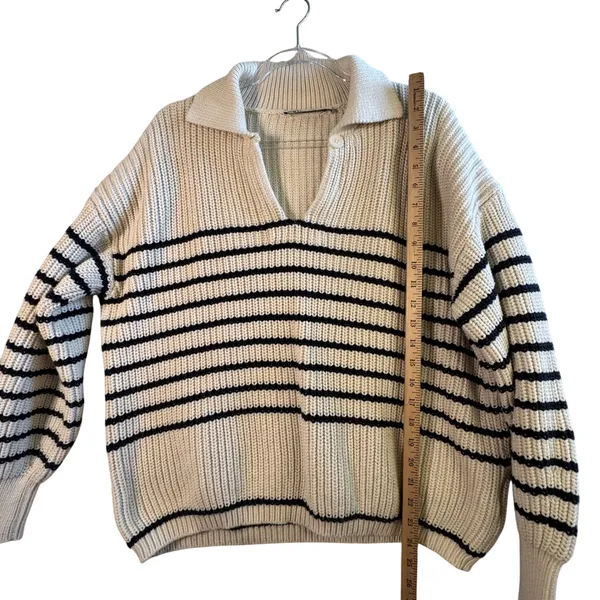 Zara Knit Rugby Sweater Womens Medium Cream Black Striped Collared Cotton Preppy - Image 7