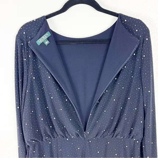 LAUREN RALPH LAUREN Navy Speckled Long Sleeves Tiered Dress Size 14 - Image 5