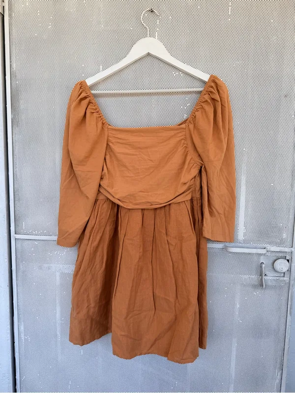 X Anthropologie heavy Linen Puff-Sleeve Midi Dress in Rust Brown - Image 3