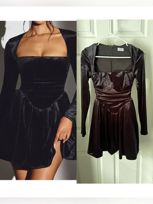 Oh Polly Black flattering Tera Velvet Square Neck Mini Dress corset bodice sz 2 - Image 2