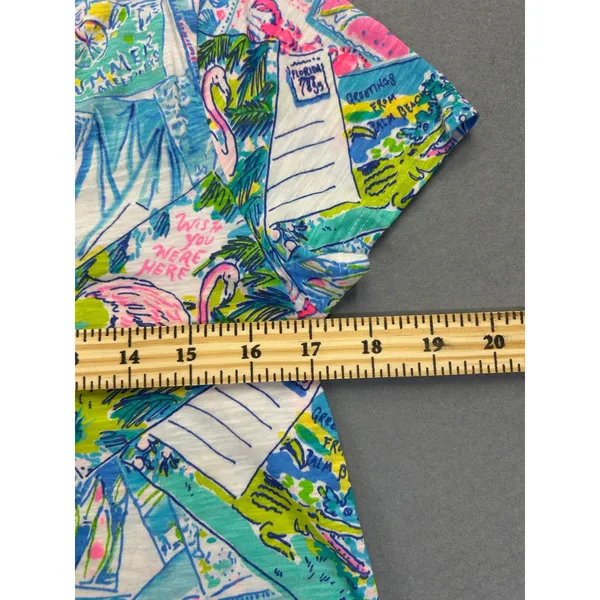 Lilly Pulitzer Etta V-Neck Top Multi Wish You Were Here Postcard Print Small NEW - Image 3