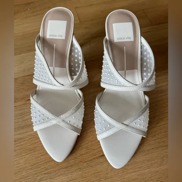 Dolce Vita Mandel Pearl Ivory Mesh Mule Heel Sandals - Image 4