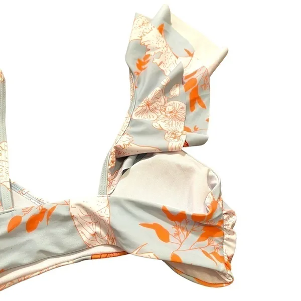 Womens Size Medium Bikini Top Light Blue White Orange Floral Birds Ruffle Straps - Image 7