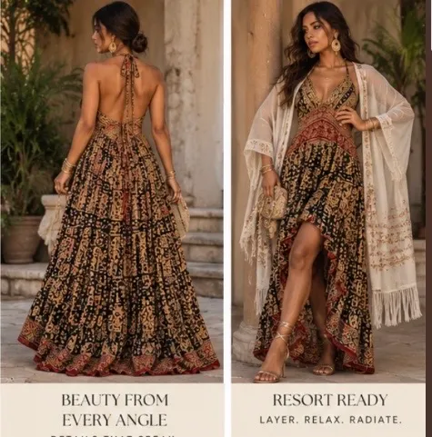 Bohemian Indian Silk V-Neck High-Low Maxi Dress - Image 4