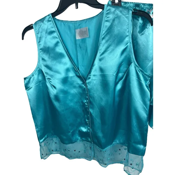 Aqua Blue Satin Feel Sleeveless Button Lace Top Shorts Pajama Set 1XLT - Image 2