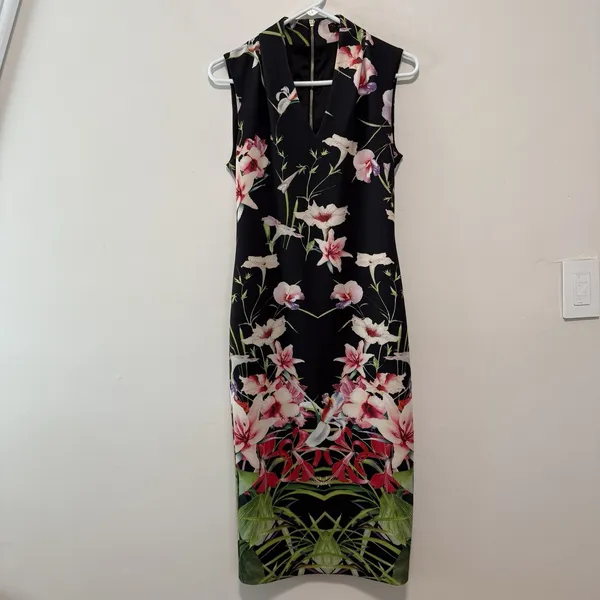 Ted Baker Jalita Black Floral‎ Midi Dress Size Small/2 - Image 4