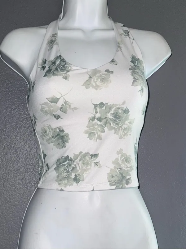 Hollister Womens White & Green Floral Crop Top Halter Tank size Small - Image 4