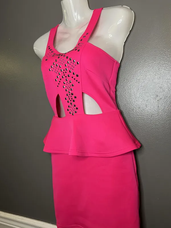 Charlotte Russe Dress Womens XS Pink Cutout Peplum Studded Bodycon Mini Tank - Image 4