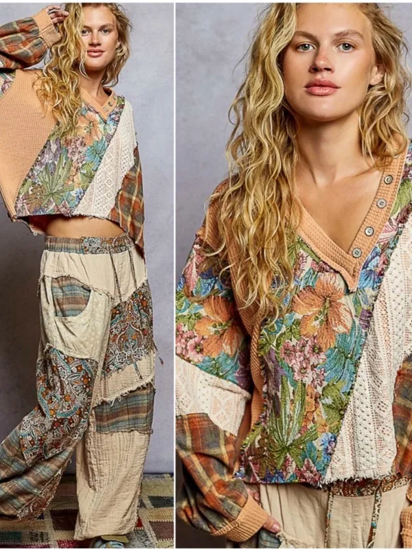 POL Patchwork V-Neck Pullover in Camel & Floral - Image 2