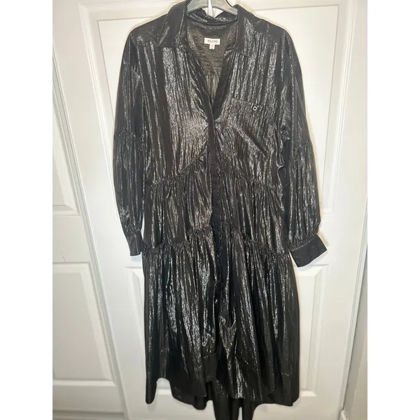 Pilcro Dress Tiered Shirtdress Medium Sheer Black Silver‎ Shimmer Long Sleeve - Image 2