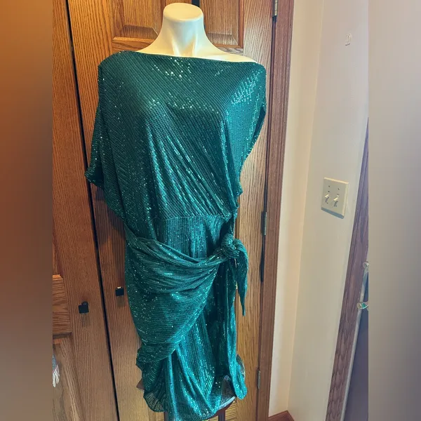 Grace Karin XL Green Sequin Cocktail Dress Asymmetrical Wrap Waist Holiday Party - Image 2