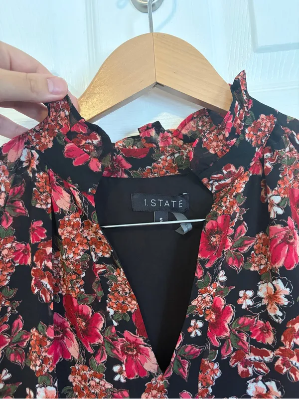 1. State Red Black Floral Puff Sleeve Dress Size Small Ruffle Babydoll Flowers - Image 5