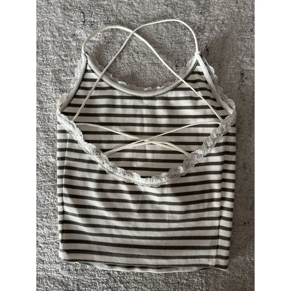 American Eagle Lace Trim Striped Cami Tank Top XS Olive Ivory Y2K Cottagecore - Image 7