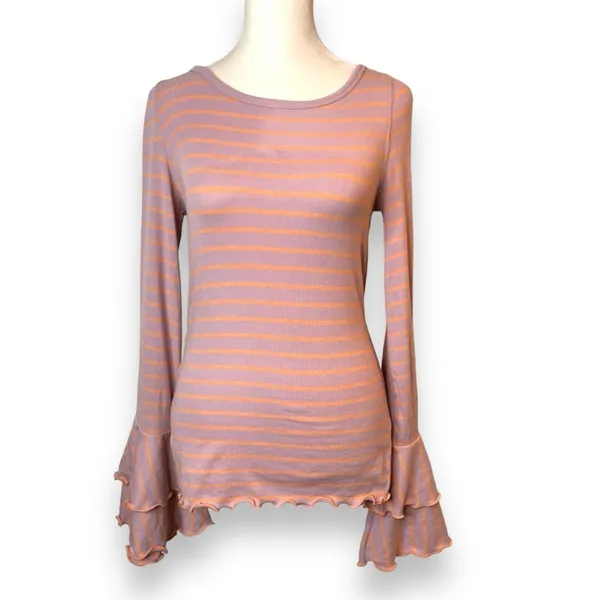Free People We The Free Bell Sleeve Striped Pink Scoop Neck Top Small - Image 7