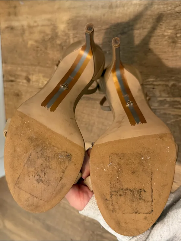 Steve Madden Sam Edelman NADYA Patent Leather Ankle Heel Sandal Shoe Classic Nude 6.5 - Image 5