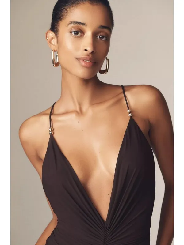 Ronny Kobo Anya V-Neck Column Jersey Maxi Dress in Chocolate Brown XSmall Womens - Image 14