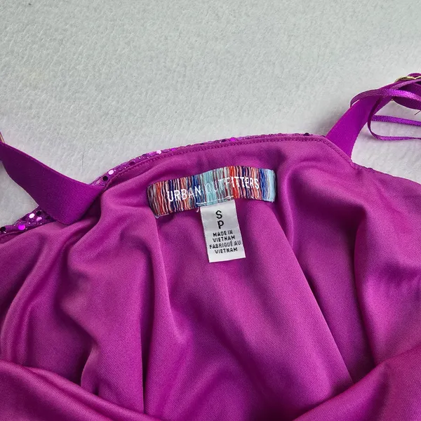 Urban Outfitters Magenta Purple Sequin Cowl Neck‎ Ruched Mini Dress Small - Image 5
