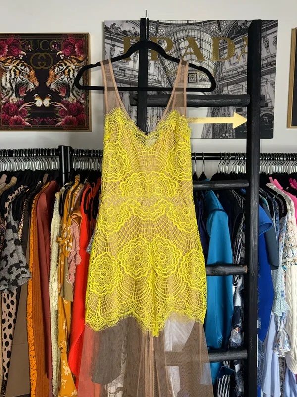 For Love Lemons Antigua Maxi Dress Chartreuse Lace Mesh Sheer Overlay Womens XS - Image 3