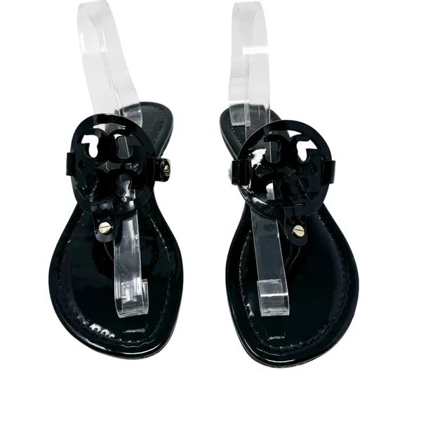TORY BURCH Black Patent Leather Miller Classic Designer Logo Sandals Size 8.5 - Image 2