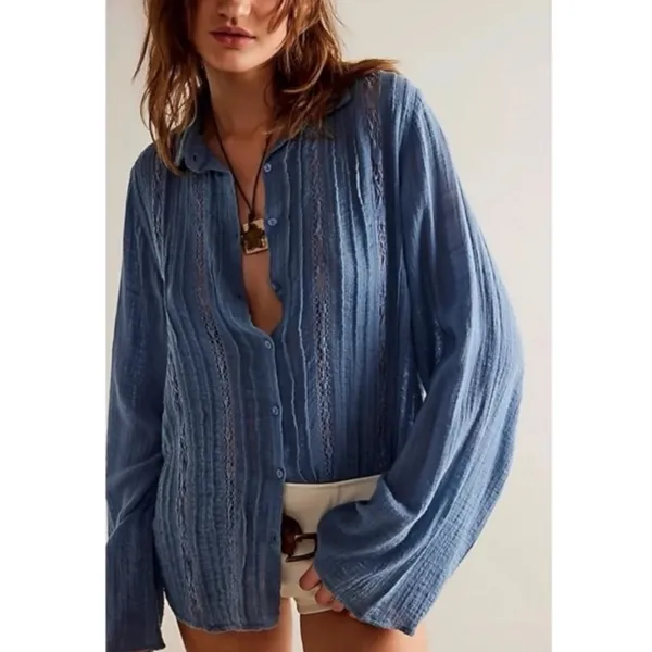 Free People FP One Mila Shirt Blue Ethereal Dainty Romantic Lace Gauze Small - Image 3