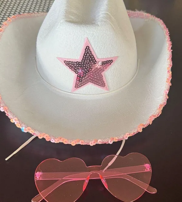 White Cowboy Hat with Pink Star and Heart Sunglasses NWOT - Image 2