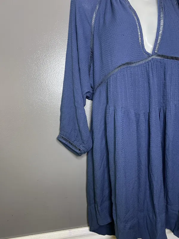 Free People Dress Womens Small Blue Deep V Empire Trapeze Swing Boho Mini - Image 3